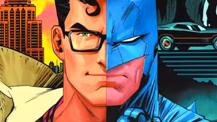 Superman and Batman's faces are divided down the middle in DC Comics cover