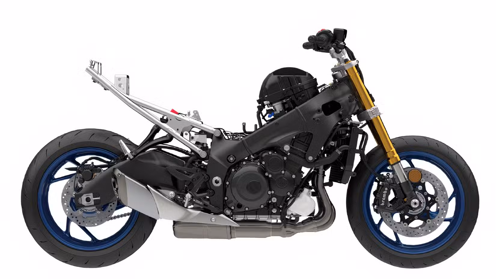 A studio shot of the Suzuki GSX-S1000GT+ without the body panels