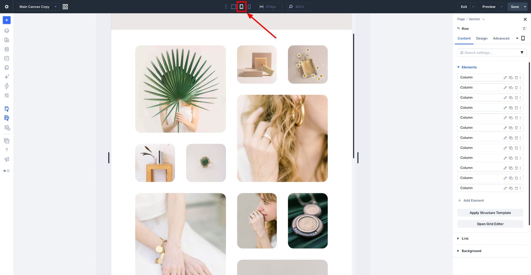 Switching to Tablet view in the Visual Builder