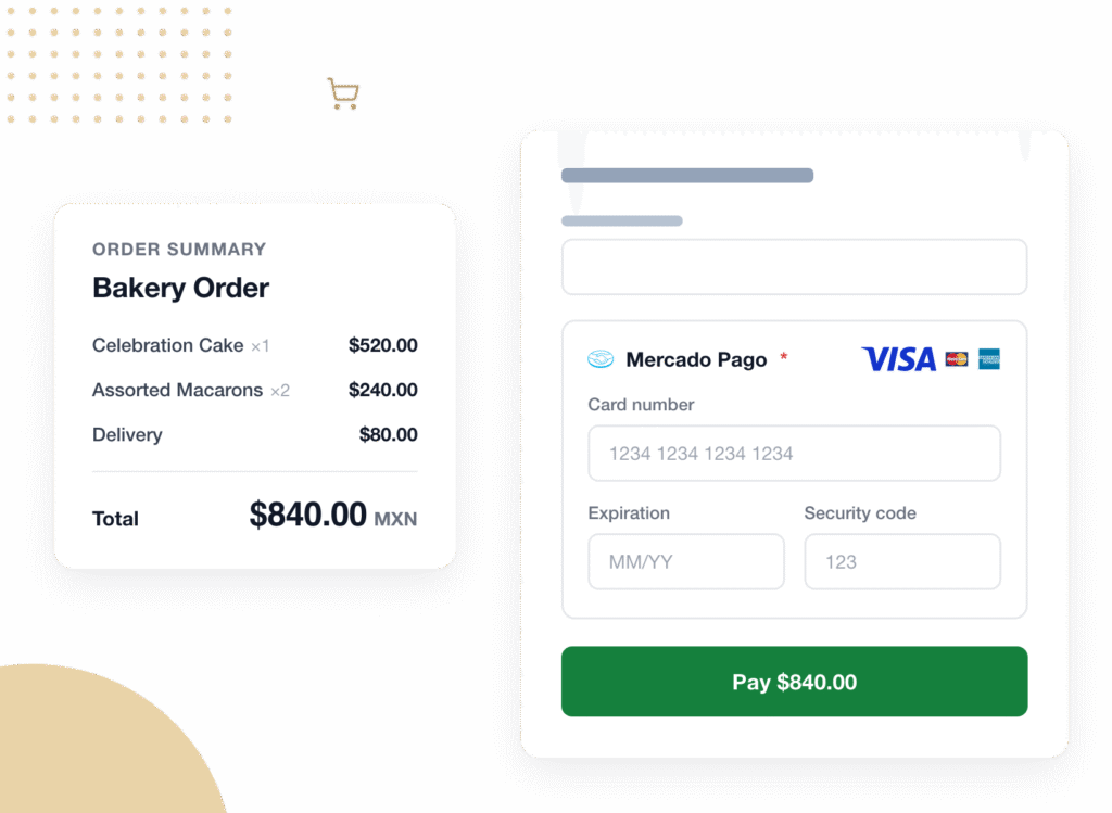Bakery order summary with items and total 0.00 MXN on the left; payment form with card fields on the right.
