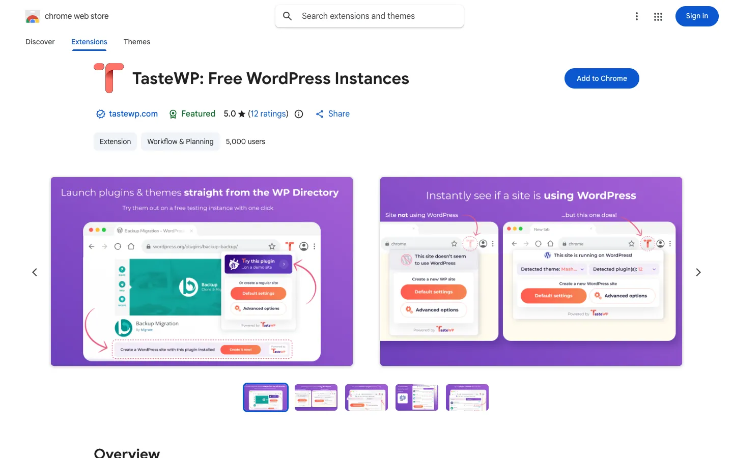 TasteWP Free WordPress Instances in the Chrome Web Store