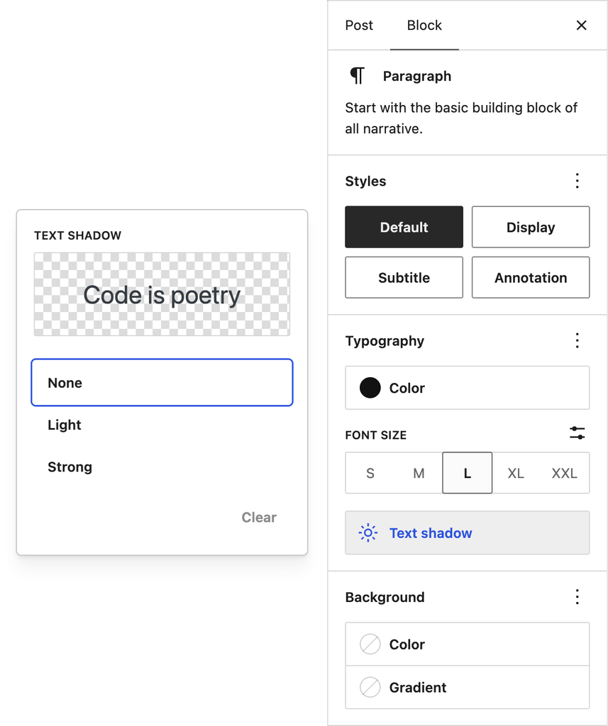 Screenshot of a block inspector sidebar showing the new text shadow tools.