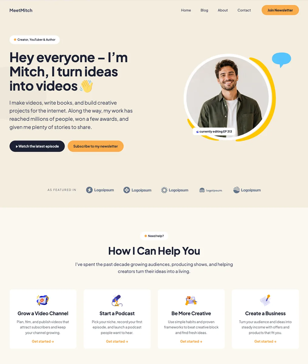 The Entertainer homepage with a creator introduction, featured episode button, newsletter signup link and service cards.
