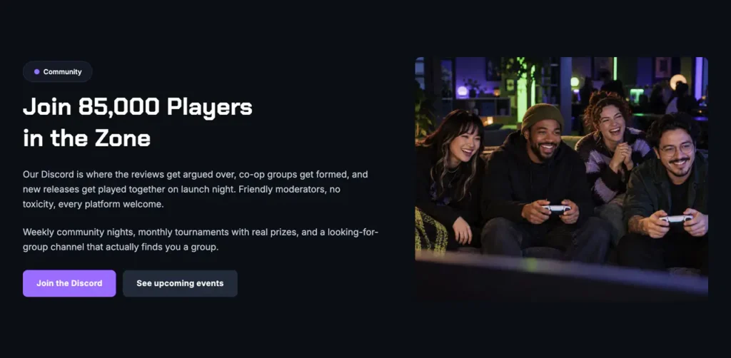 Community section inviting readers to join the Discord, next to a group photo