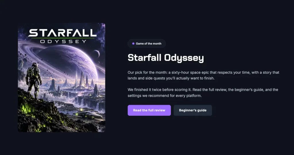 Game of the month feature with cover art, a short write-up and two buttons