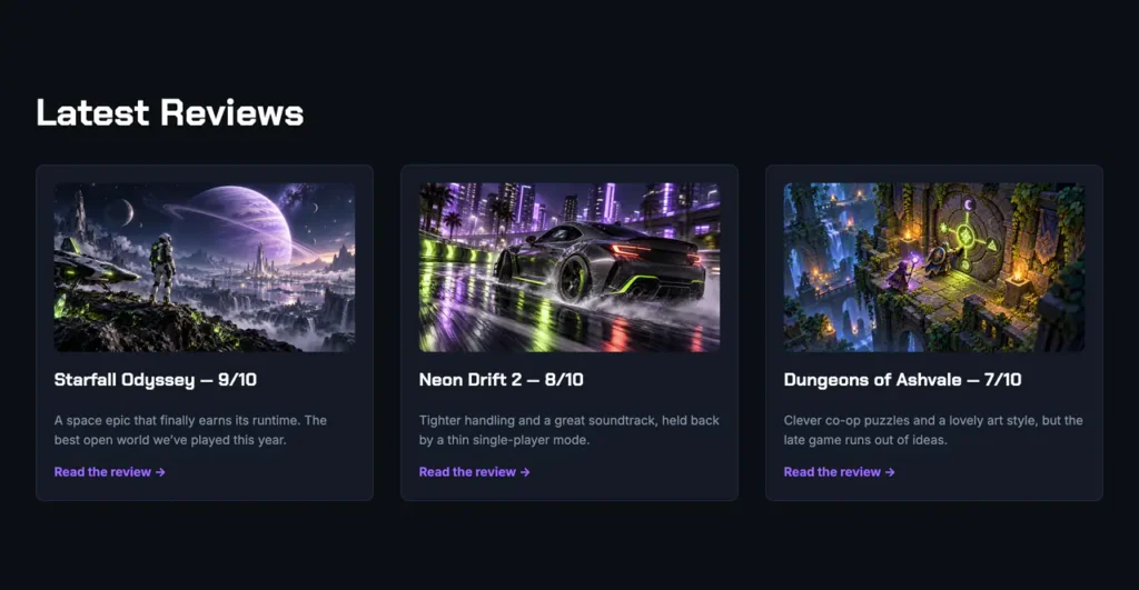 Latest Reviews section with three game review cards