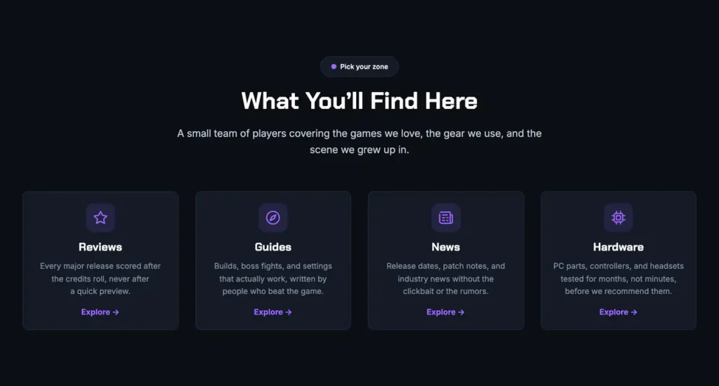 What You’ll Find Here section with Reviews, Guides, News and Hardware cards
