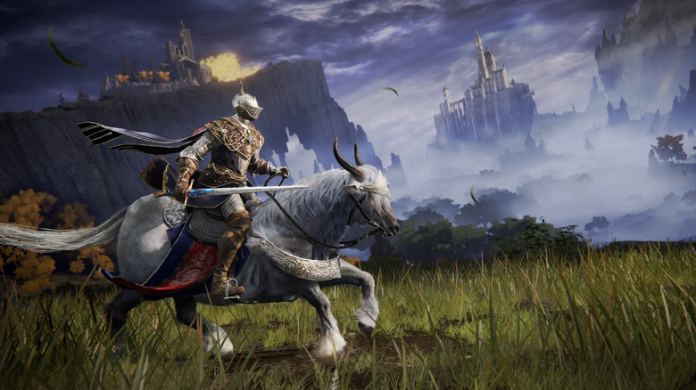 A warrior riding on a white horse with their sword out in Elden Ring