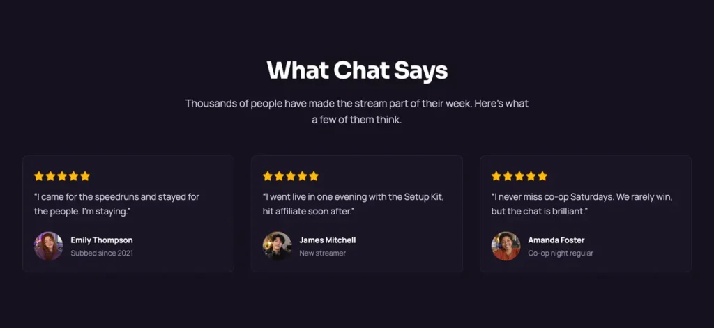 What Chat Says section with three community testimonials
