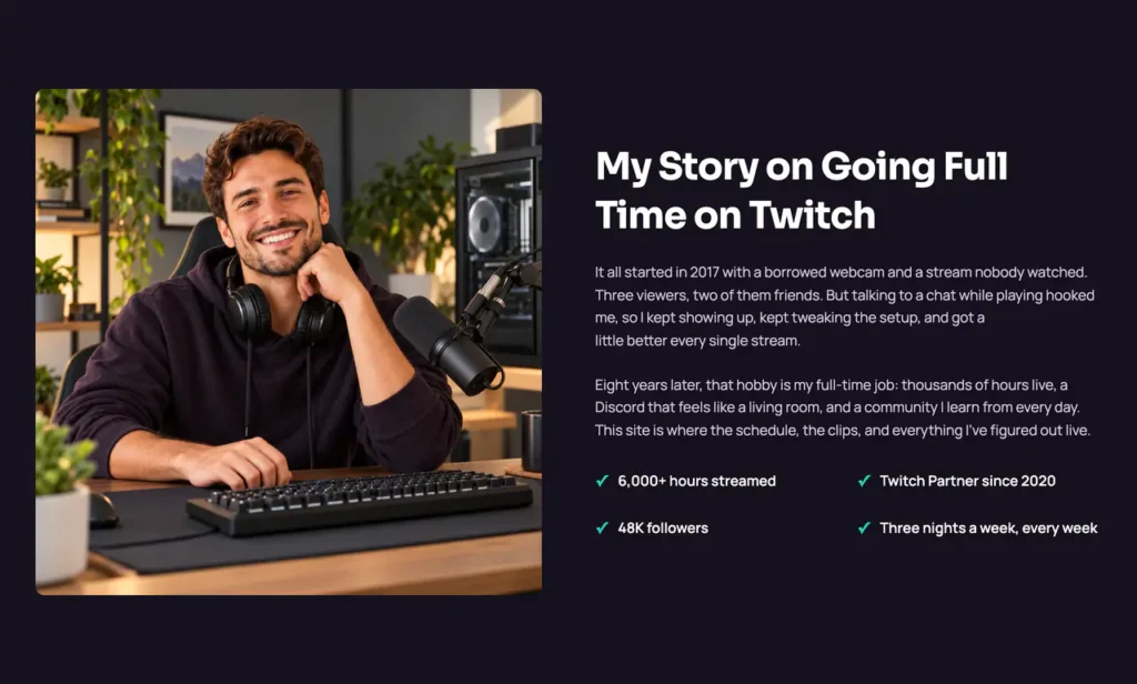 The Streamer creator story section with a photo of the streamer and four highlights
