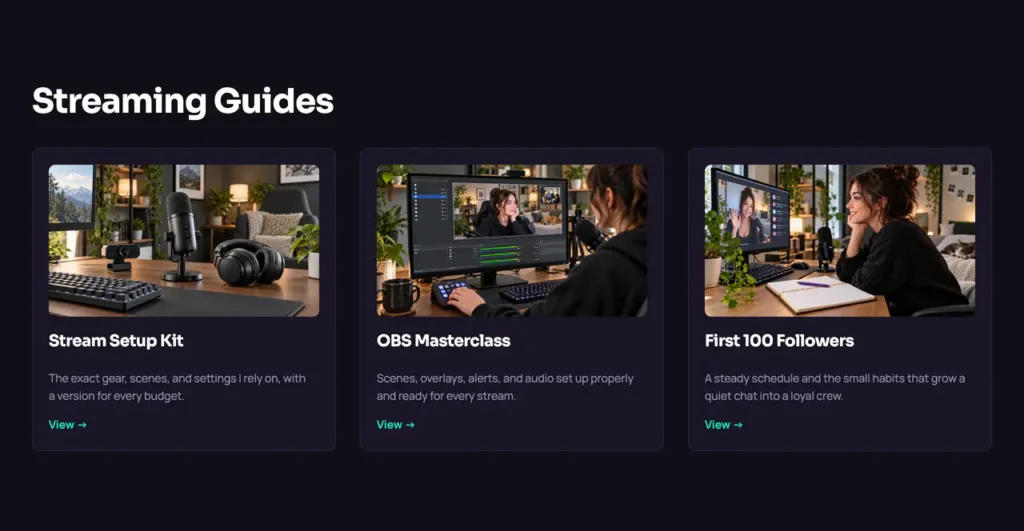 Streaming Guides section with three guide cards