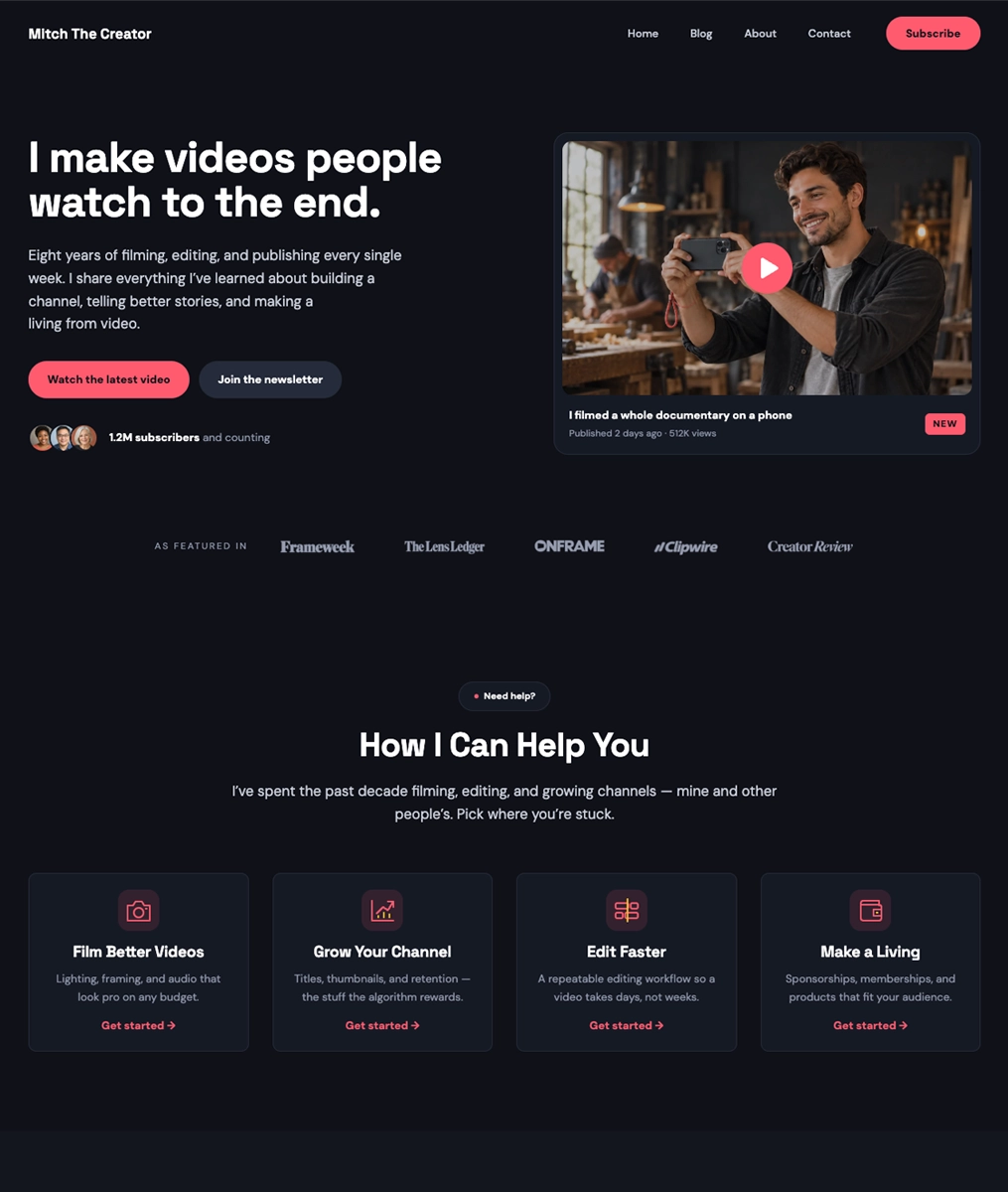 The Video Creator dark homepage preview with a featured video, subscription button and topic cards.