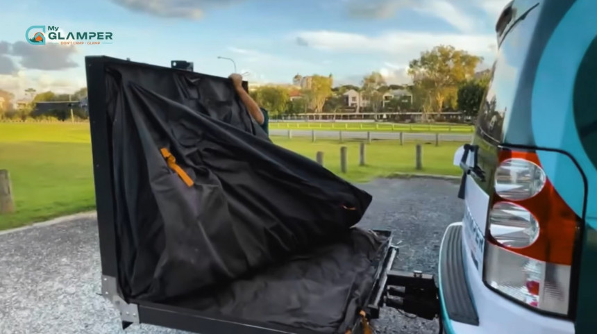 MyGlamper Pro wheel\-less tent trailer is a complete, off\-grid solution for groups as large as 12