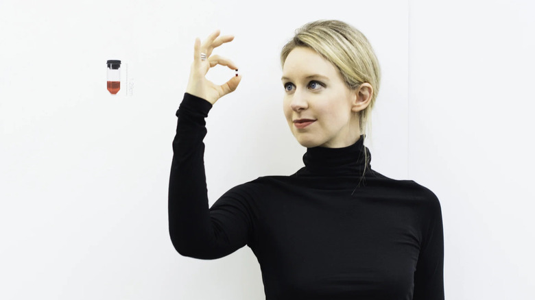 Elizabeth Holmes poses in support of her finger-prick Theranos technology in The Inventor