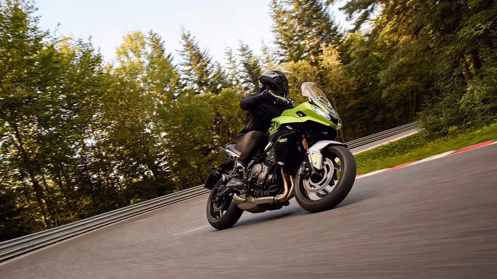 Green Triumph Tiger Sport 660 riding through winding roads