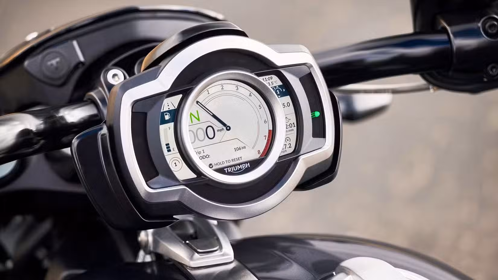 Triumph Rocket 3 Storm GT close-up showing TFT screen