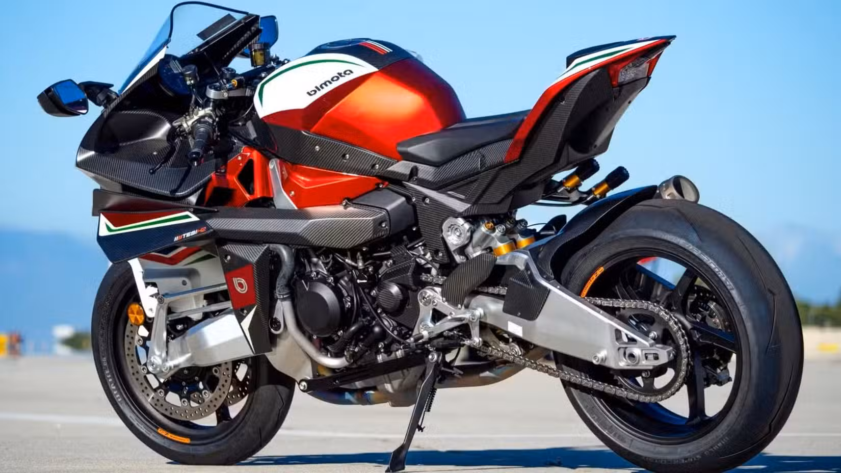 Rear 3/4 shot of a Bimota Tesi H2 parked
