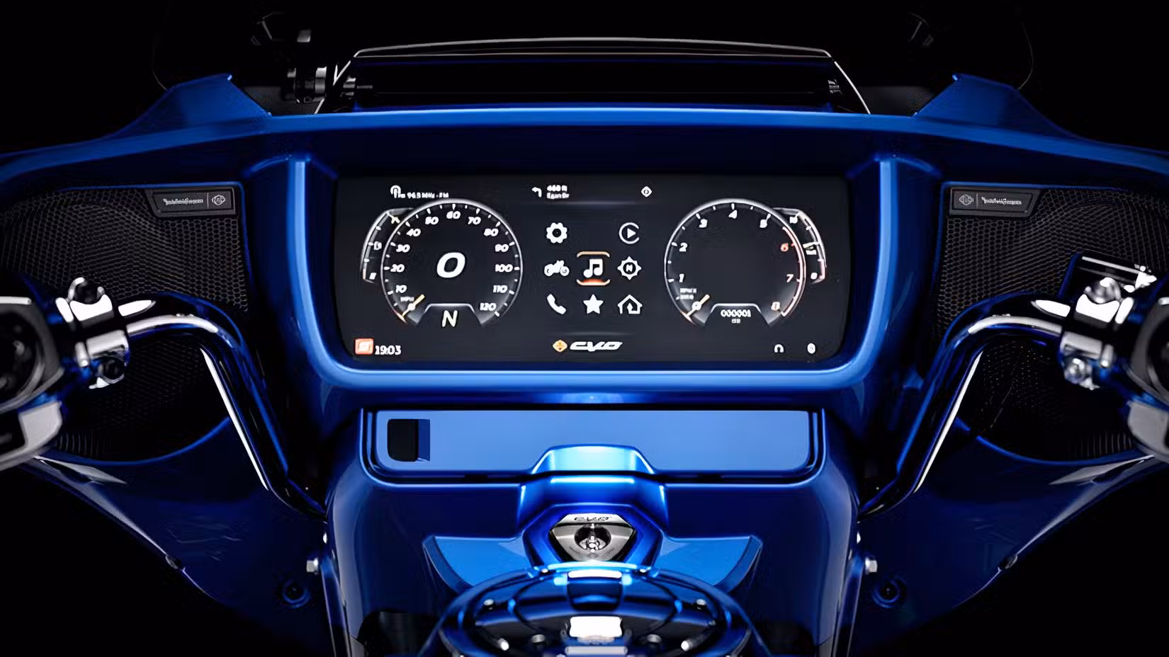 Close-up of a 2026 Harley-Davidson CVO Street Glide Limited's 12.3 inch TFT instrument display