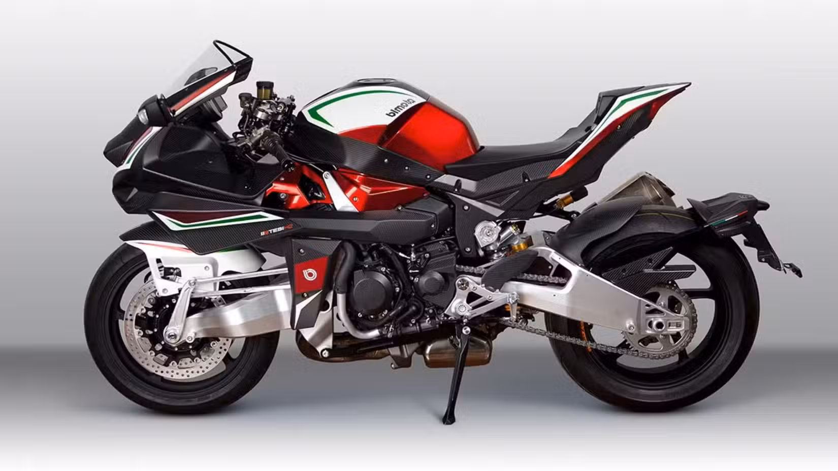Bimota Tesi H2 side shot parked in studio