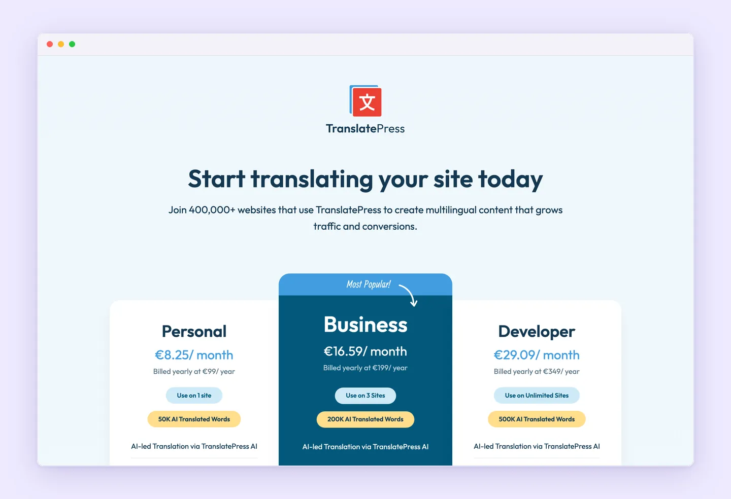 TranslatePress pricing page with Personal, Business and Developer plans and their included AI translated words.