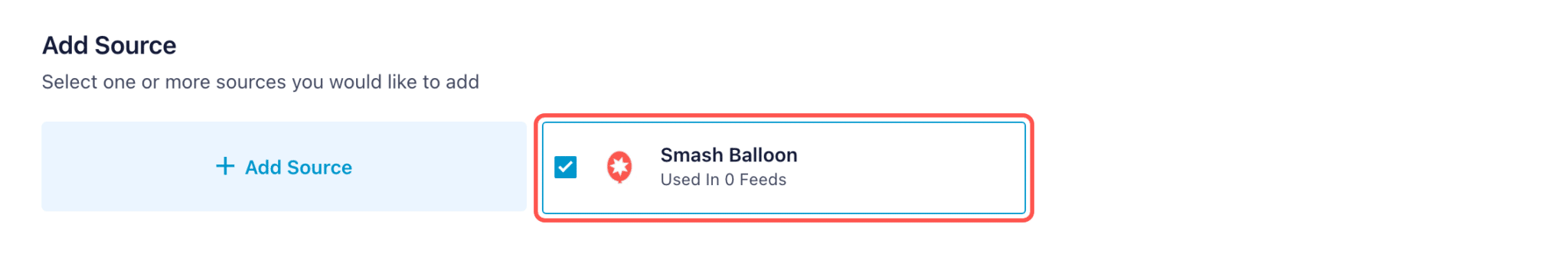 The Add Source screen in TikTok Feeds Pro with the Smash Balloon TikTok account ticked and highlighted