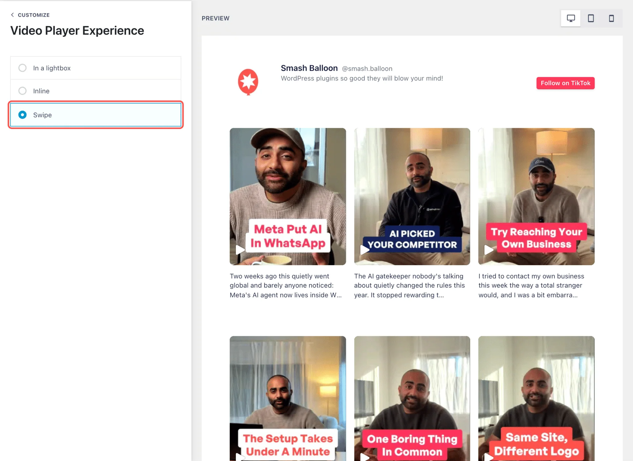 The Video Player Experience panel in the TikTok Feeds Pro feed editor with the Swipe option selected and highlighted