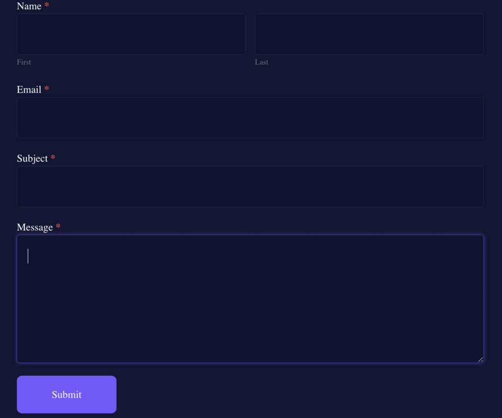 Formidable Forms Twilight UI Style -  Deep navy background with white, lavender, and dark accent tones.