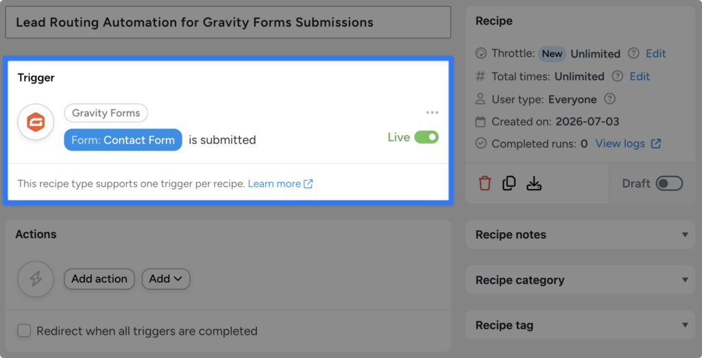 Uncanny Automator recipe titled 'Lead Routing Automation for Gravity Forms Submissions' with a highlighted Gravity Forms trigger set to Live for when the Contact Form is submitted, and an empty actions section below.