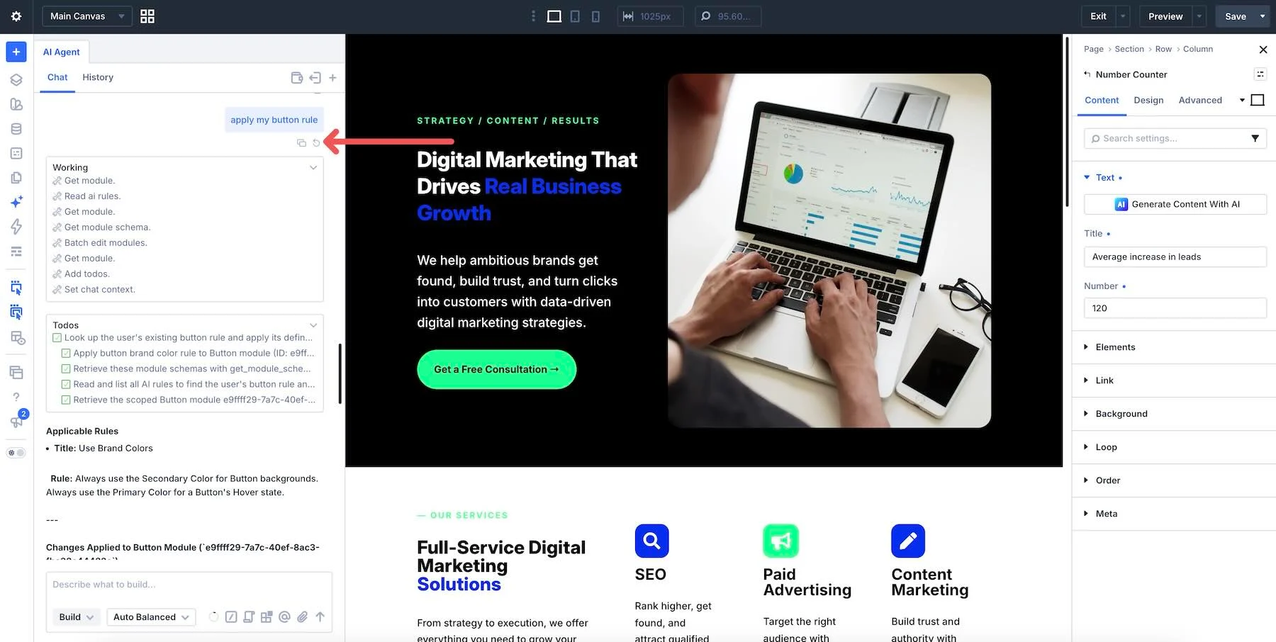 Rollback control on a user message in the Divi AI agents chat