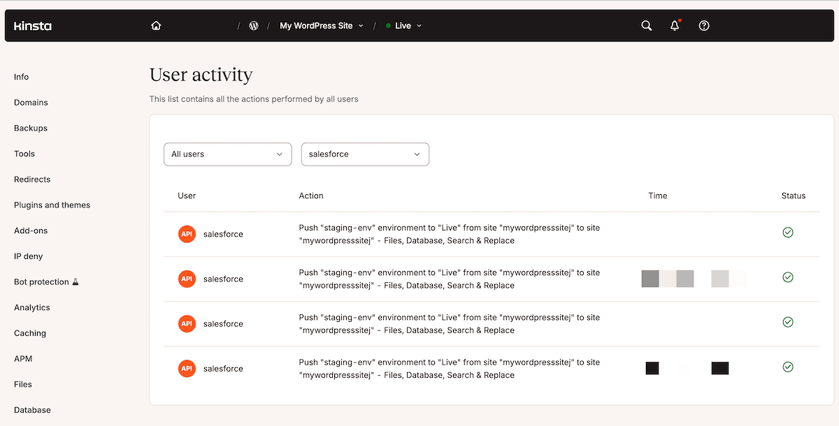The MyKinsta user activity screen showing a list of timestamped actions for a specific user, the status, and details of the action itself.