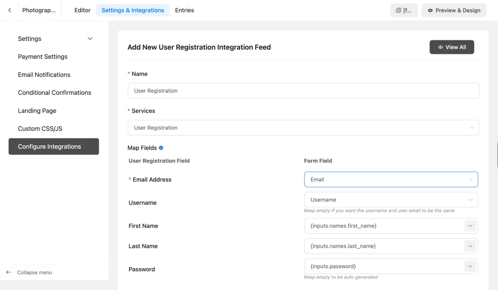 User Registration integration feed mapping email, name, and password fields