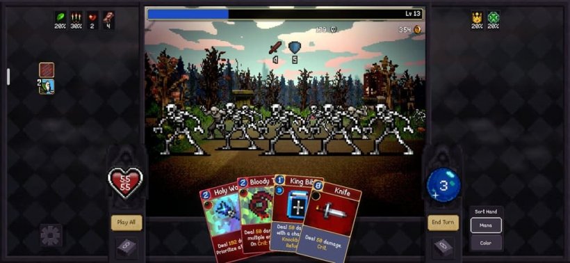A first-person image of combat in VAmpire Crawlers, showing a small inset view of the battle against skeletons and a laid-out hand of cards below.