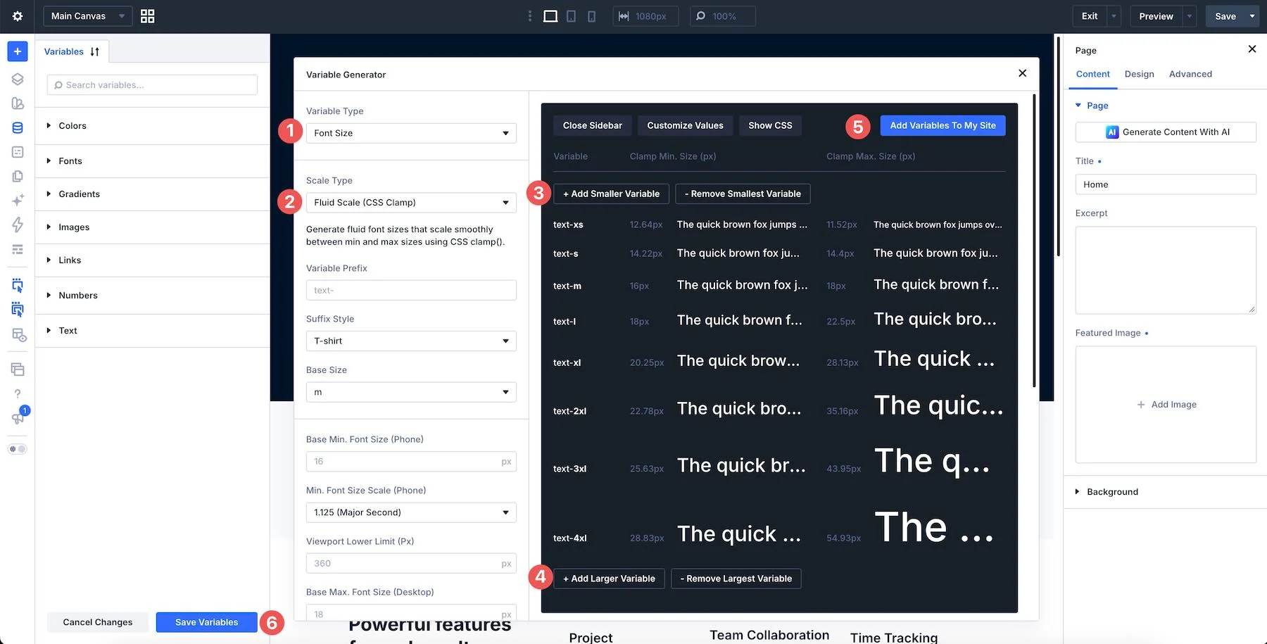 Configuring a sizing scale in the Divi Variable Generator