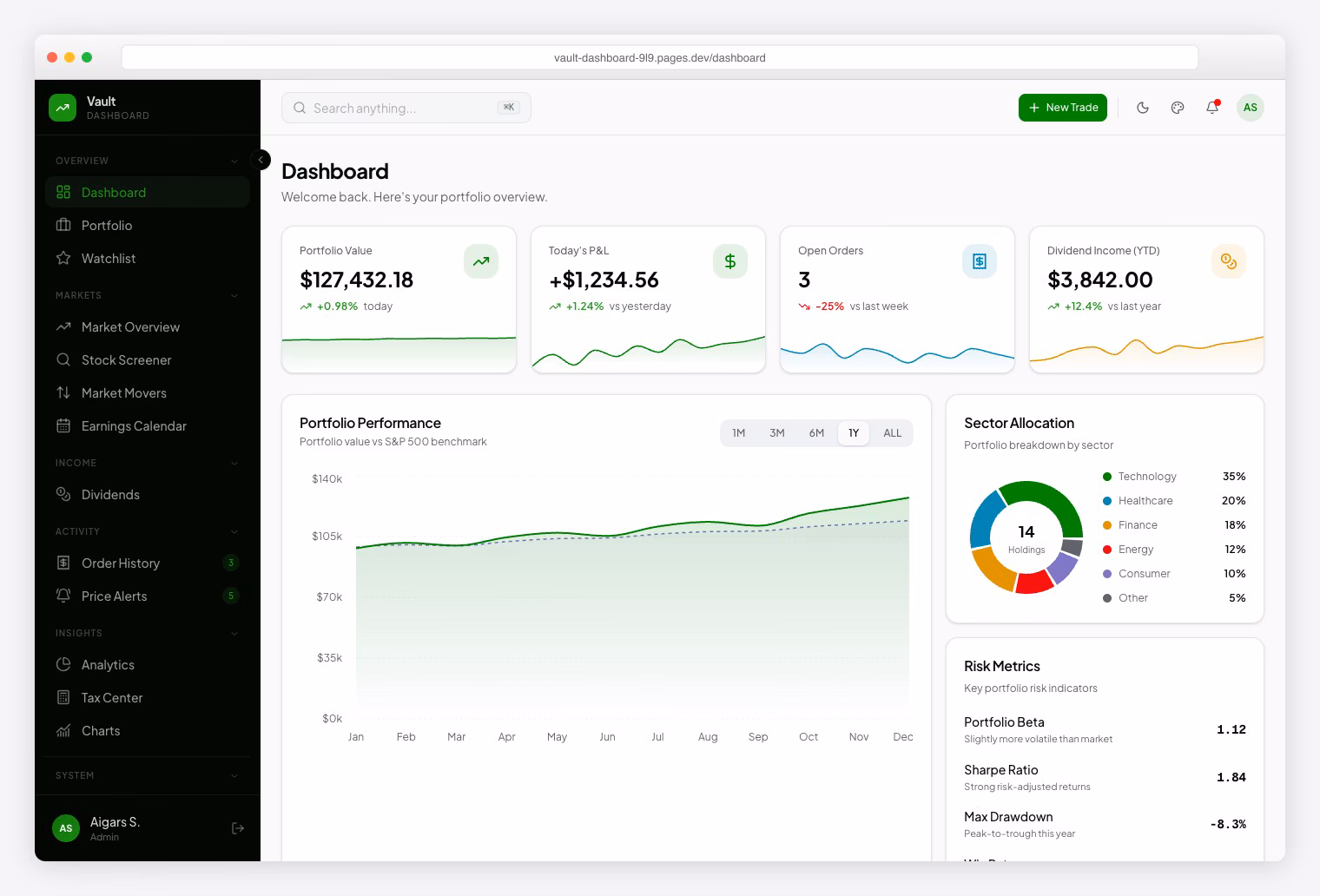 Vault Dashboard - Free investment React admin template with stock screener and portfolio tracking