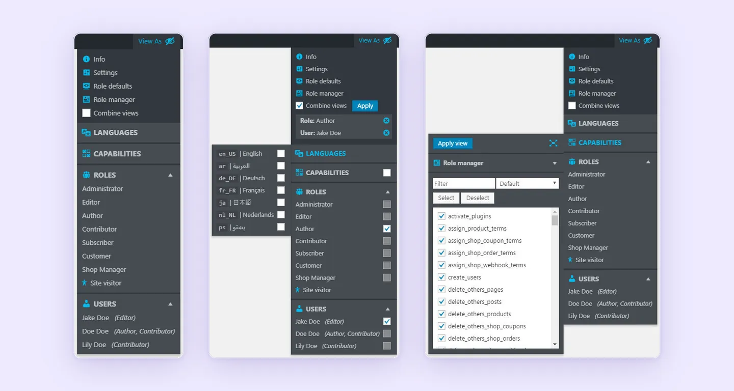 View Admin As toolbar menus for viewing the site as a role, user or language, combining views, and switching individual capabilities on or off.