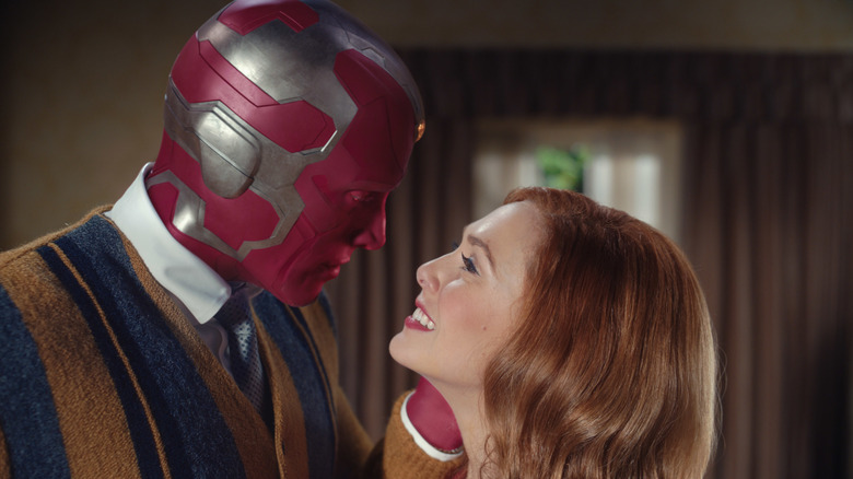 Paul Bettany as Vision caressing the face of Elizabeth Olsen as Wanda in WandaVision