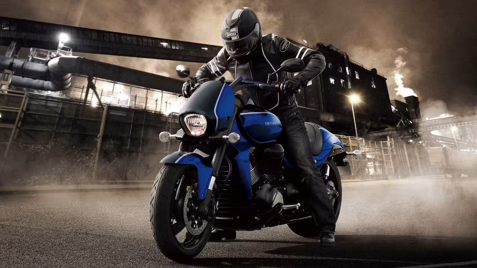 Rider performing a burnout on a Suzuki Boulevard M109R 