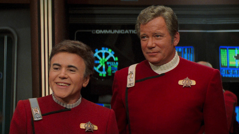 Walter Koenig as Pavel Chekov and William Shatner as James T. Kirk are all smiles in Star Trek Generations
