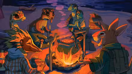 A weasel, a snake, a possum, a rabbit, and a lizard couple sit around a roaring fire at night. A stew is simmering.