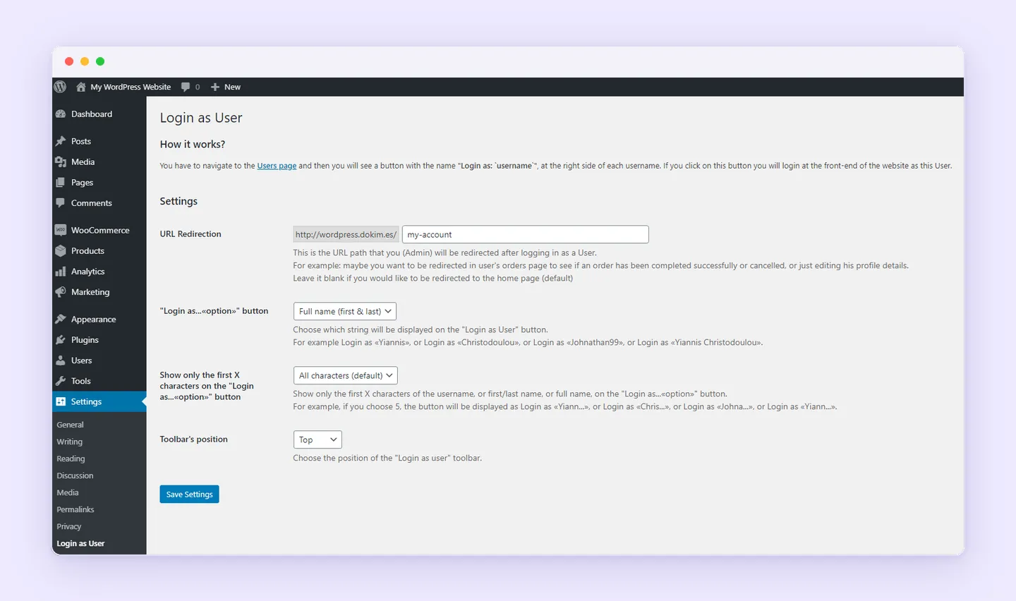 Web357 Login as User settings for redirect URL, button name format and toolbar position.
