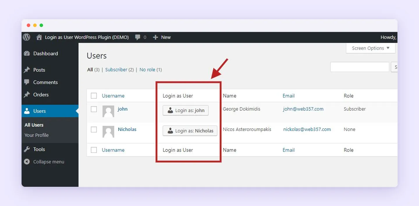 Web357 Login as User adding a Login as button for each account on the WordPress Users screen.
