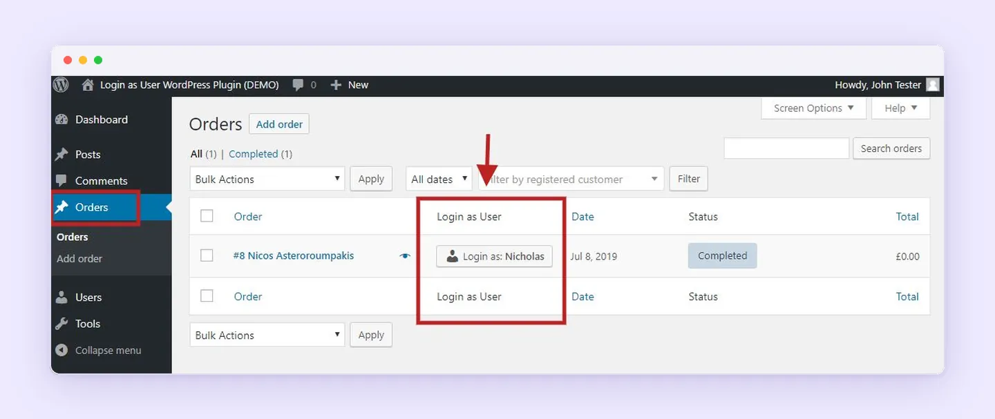 Web357 Login as User PRO adding a Login as button to the WooCommerce Orders list.