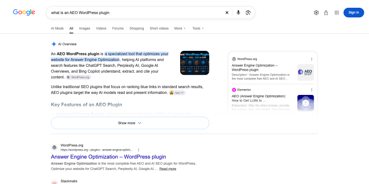 what is an AEO WordPress plugin search result with AI answer