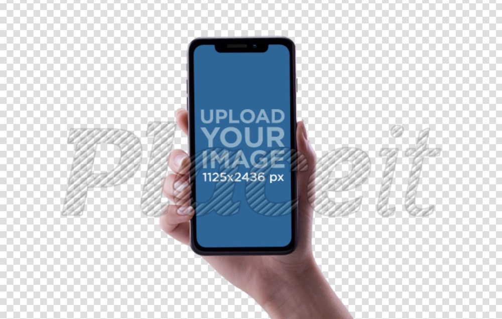 woman hand holding an iphone x mockup against a transparent backdrop