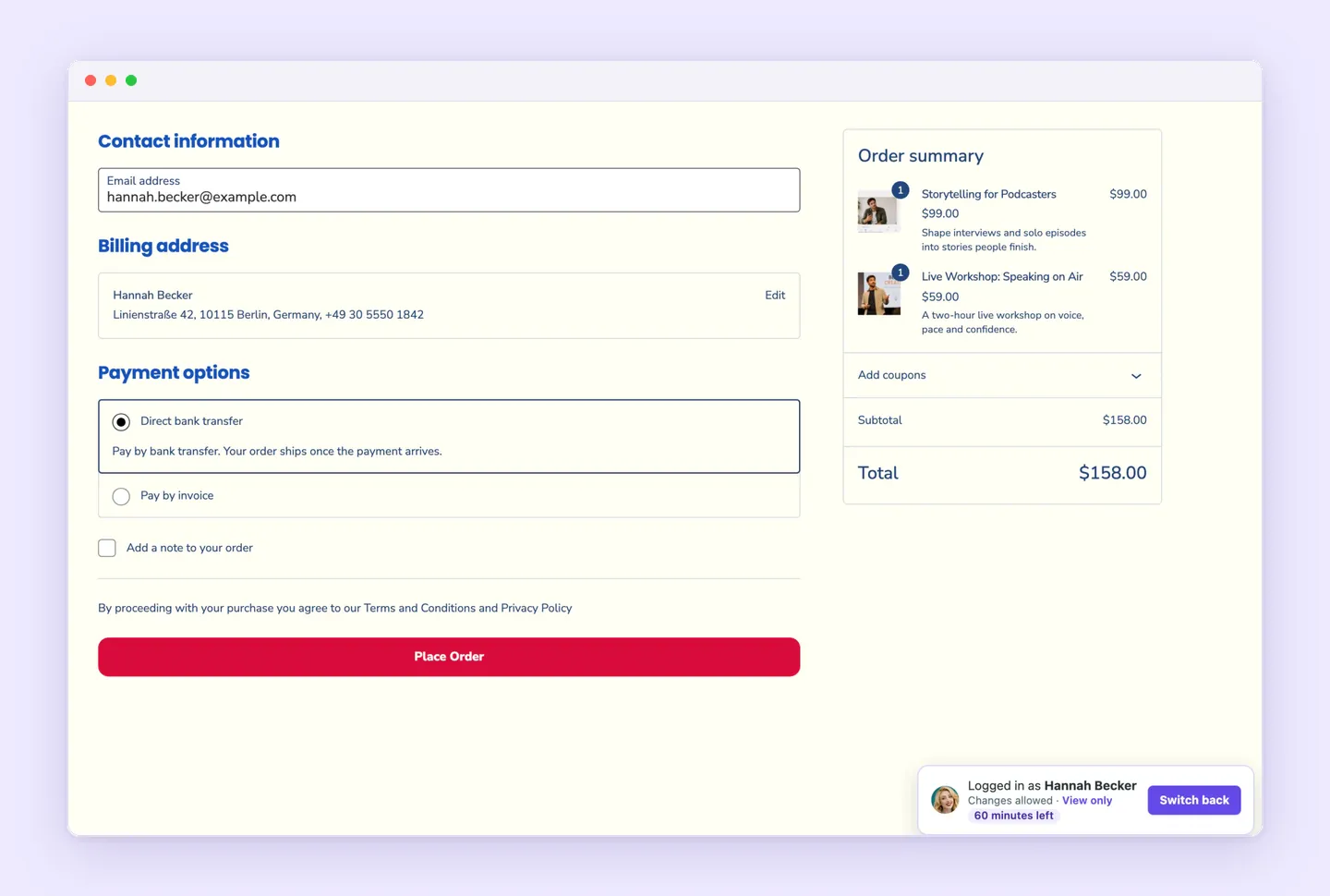 WooCommerce checkout filled in on a customer's behalf, showing their billing address, payment options and order total, with the Changes allowed visit badge.