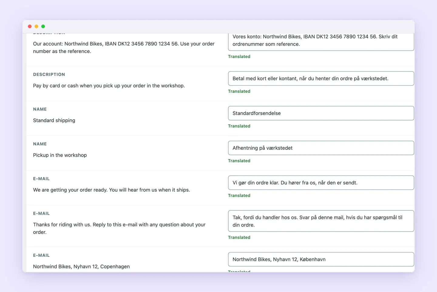 Superb Translate translating WooCommerce texts into Danish, including payment instructions, shipping method names and order email text.