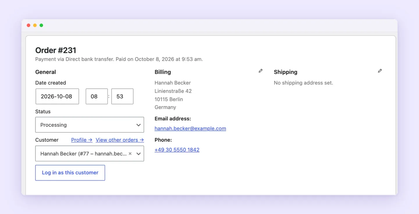WooCommerce Edit order screen with a Log in as this customer button, a starting point for investigating a specific order.