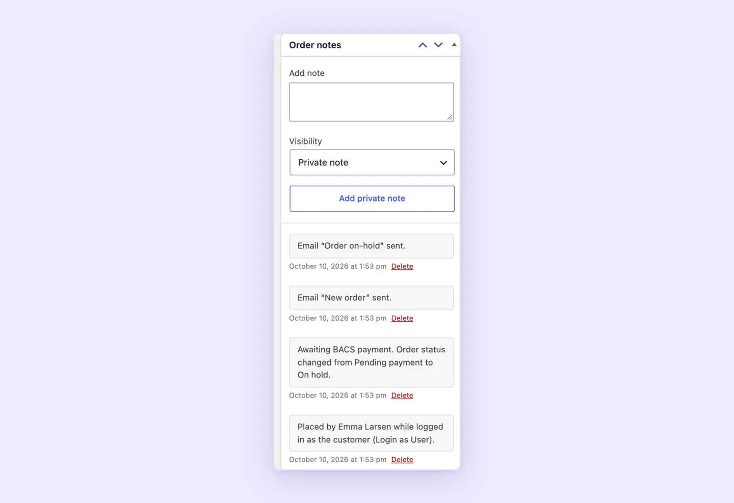 WooCommerce order notes with an entry saying the order was placed by a staff member while logged in as the customer with Superb Login As User.