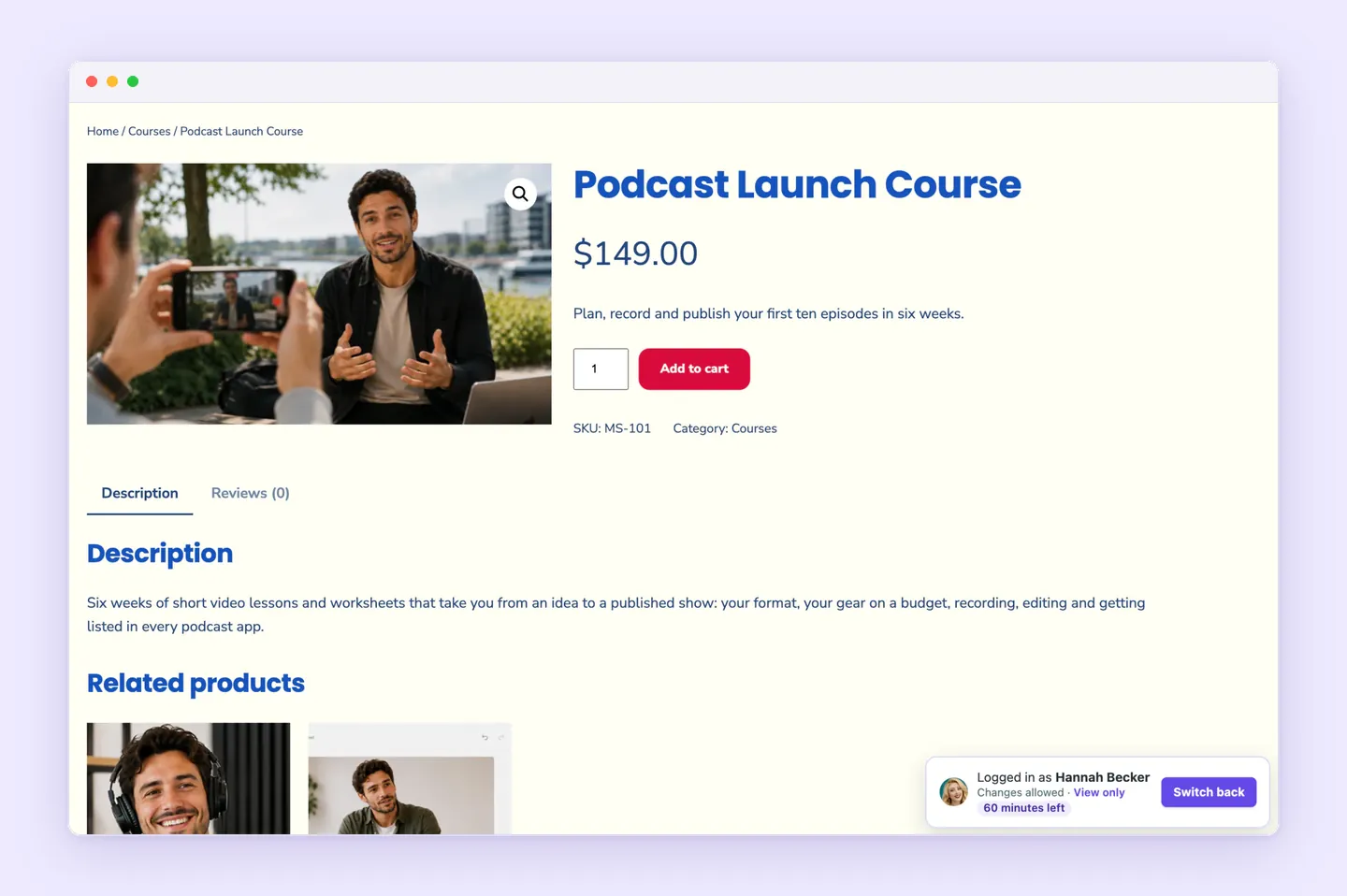 WooCommerce product page opened inside a customer's account, with the Superb Login As User badge set to Changes allowed so staff can add products to the cart.