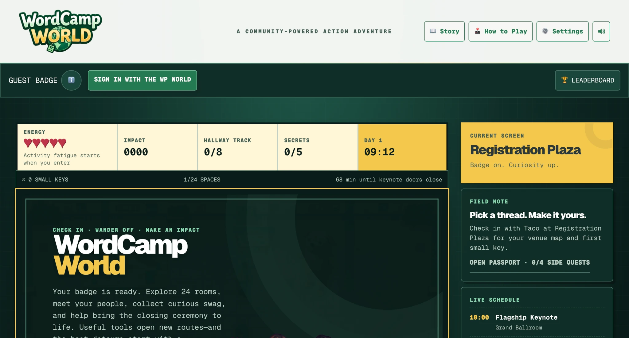 Screenshot of a game called WordCamp World with various controls and instructions for playing the game.